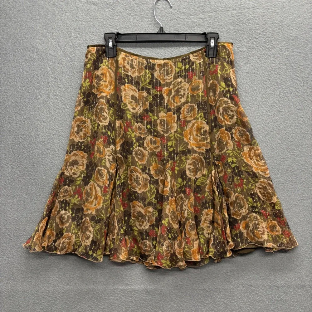 Context Silk Blend Floral Metallic Stripe Flared Skirt Brown Fairycore Boho 12P - Picture 2 of 9